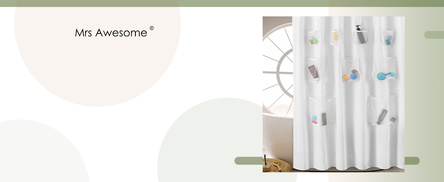 white fabric shower curtain liner with mesh pockets