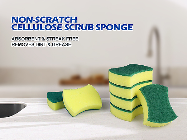 Non-scratch cellulose scrub sponges in yellow and green. Product is absorbent, streak-free, and removes dirt and grease.