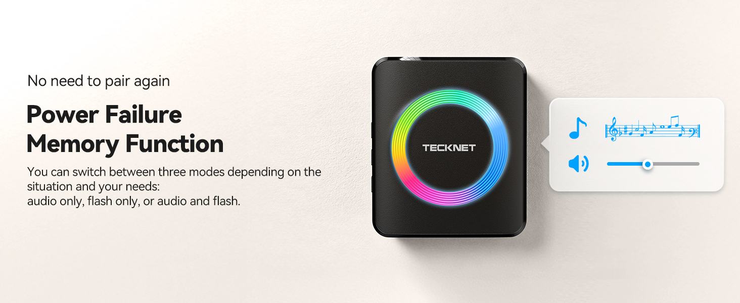 Text reads 'No need to set again Power Failure Memory Function'. Black square device with circular RGB light ring interface.