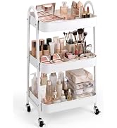 Booklov 3 Tier White Utility Rolling Cart | Metal Storage Cart with Handle and Lockable Wheels
