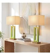 Vortether 22" Modern Ceramic Table Lamps Set of 2, Green Crackle Glaze Hollow Bedside Lamps with ...