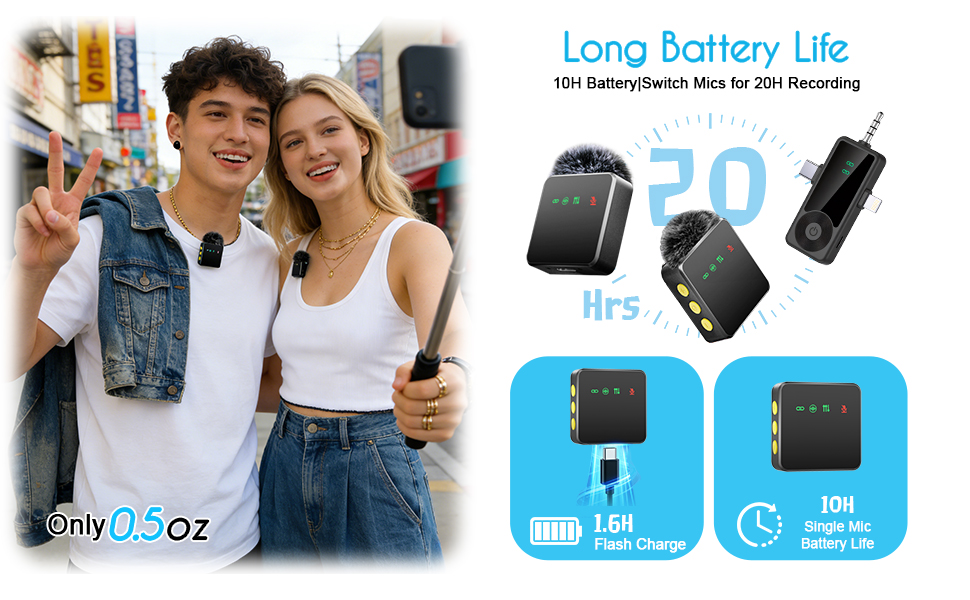 Long Battery Life,10H Battery|Switch Mics for 20H Recording