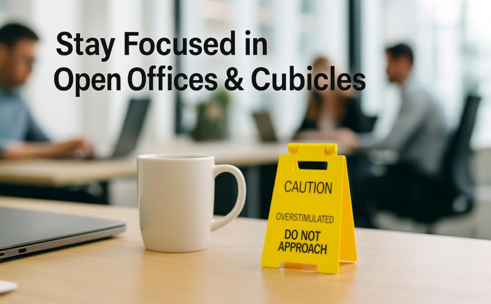 open office, cubicle, coworkers, focus, desk sign, caution overstimulated do not approach