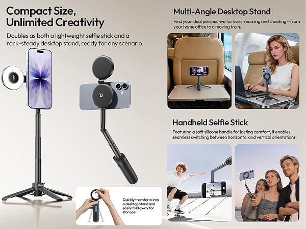 Text reads 'Compact Size, Unlimited Creativity' and 'Multi-Angle Desktop Stand'. Product demonstration images showing various angles and uses of a handheld device stand.