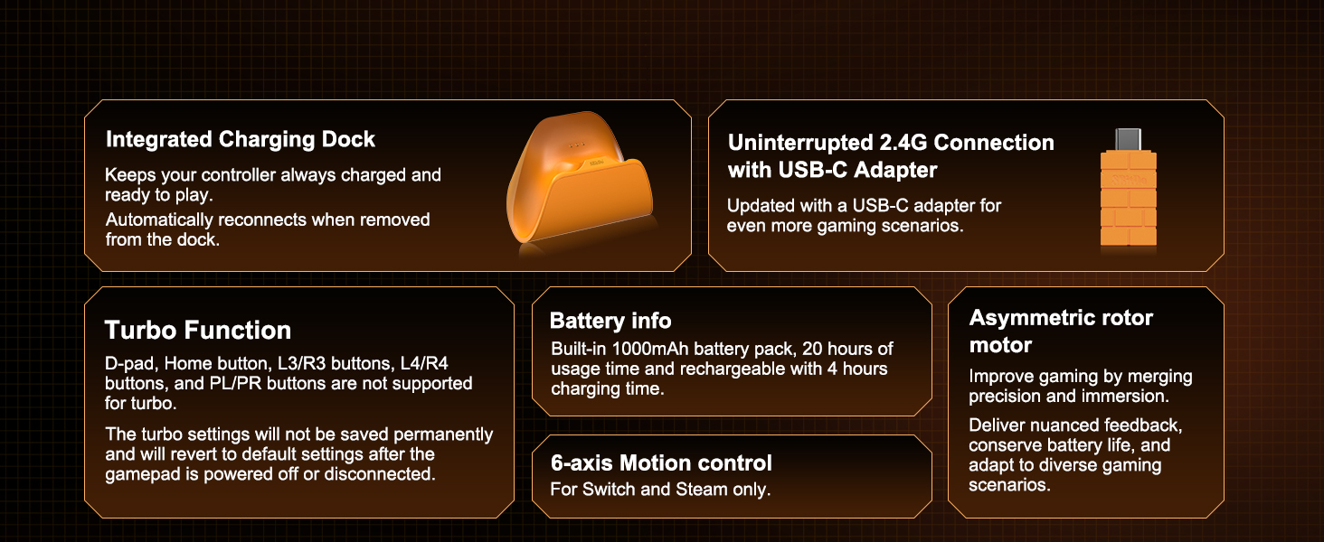 Text panel showing product features including 'Intelligent Charging Dock', 'Turbo Function', and 'Battery Info' with orange accent lighting and technical specifications for a device.