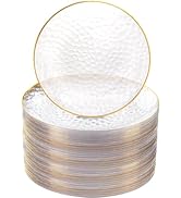 Rubtlamp 100 Pcs Gold Plastic Plates - 10 inch Clear Gold Dinner Plates - Hammer Pattern Design -...