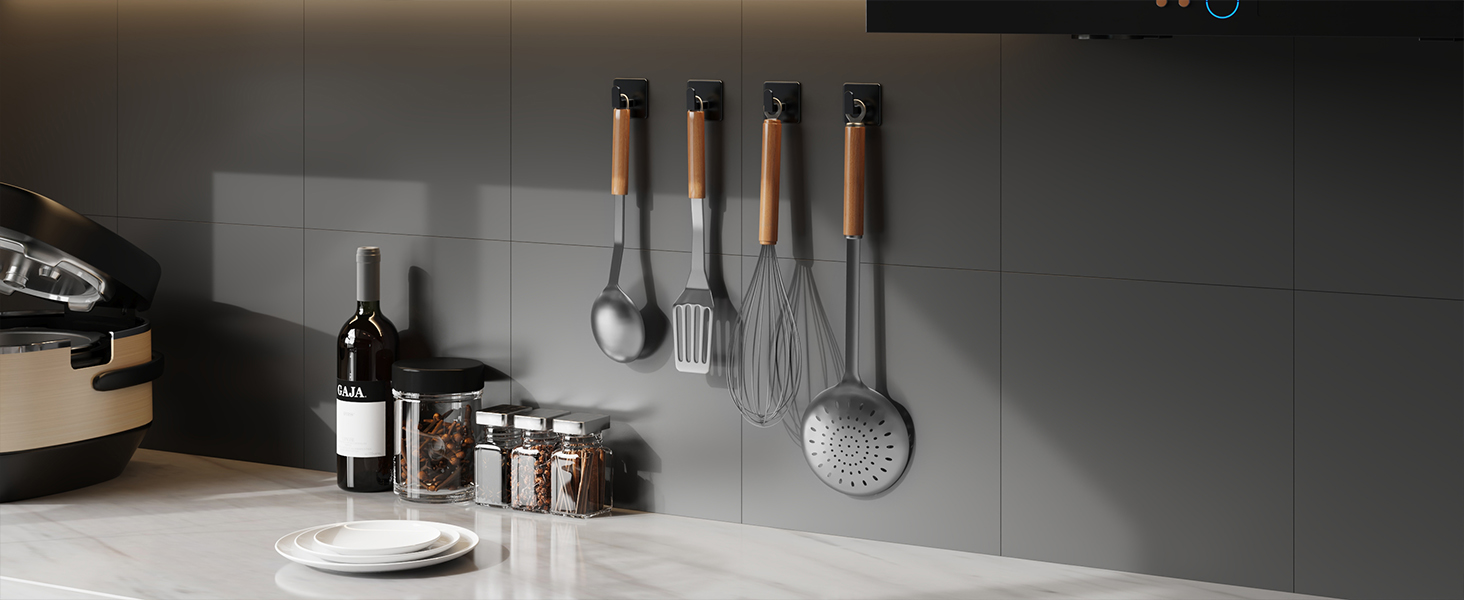 Kitchen wall hooks for utensils, hang ladles, spatulas, whisks and other cooking tools to save space