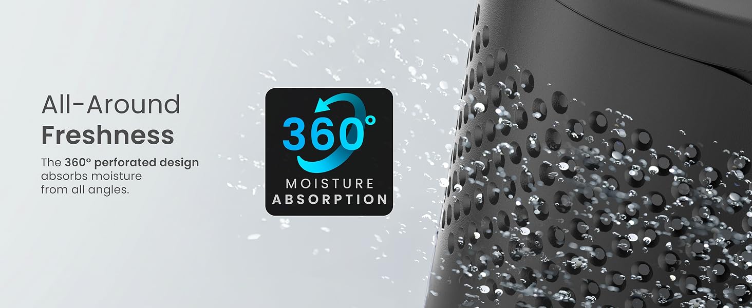 Product feature image showing '360° Moisture Absorption' text. Water droplets visible, suggesting all-around freshness and moisture control capabilities.