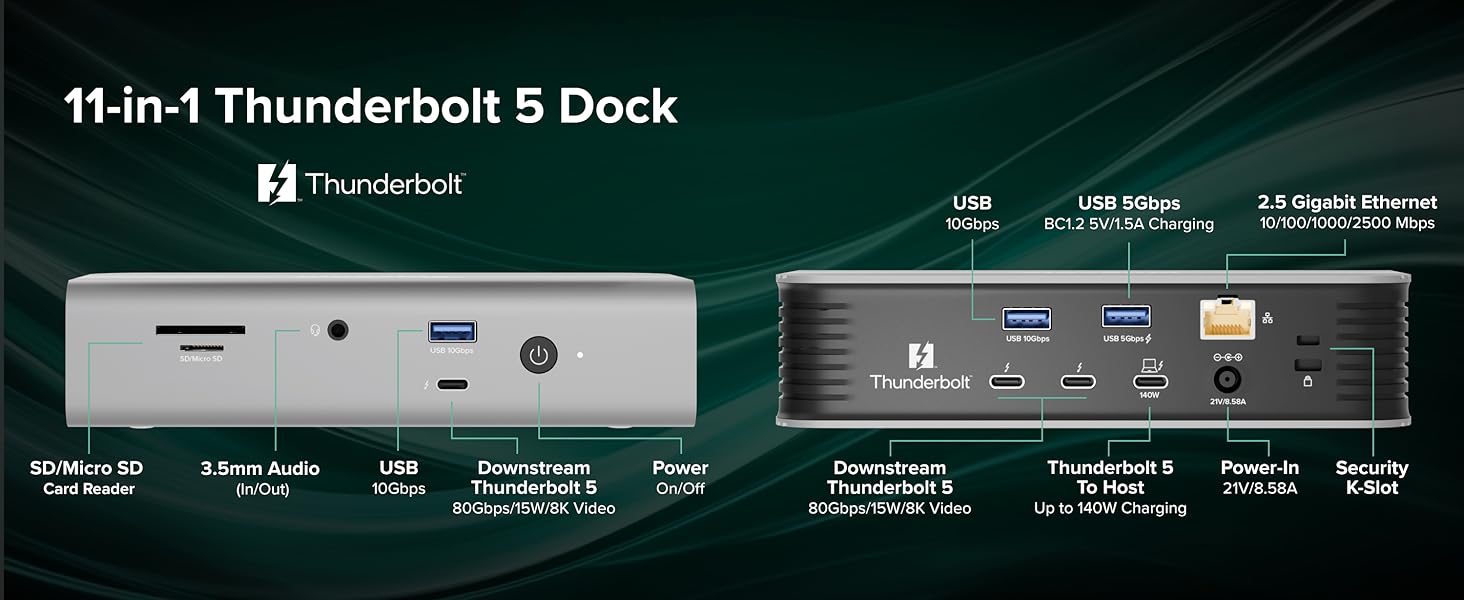 Front and rear ports of a silver tb5 dock with Thunderbolt and USB labeled connections