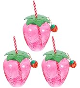 Healifty Strawberry Cups with Lid: 3 Sets 17oz Drinking Bottle with Straw Strawberry Keychains - ...