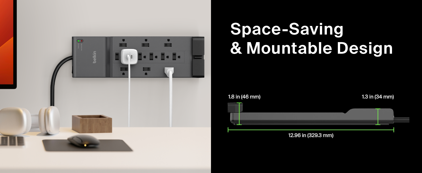 Image of power strip with plugs with text reading space saving and mountable design.