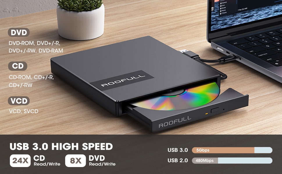 ROOFULL External CD DVD Drive USB 3.0 USB-C with 4*USB Ports and SD/TF Card Slot