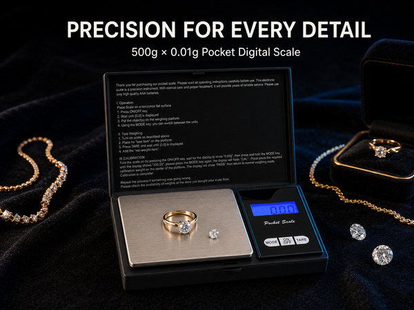 Pocket digital scale weighing a gold ring and gemstones on black velvet.