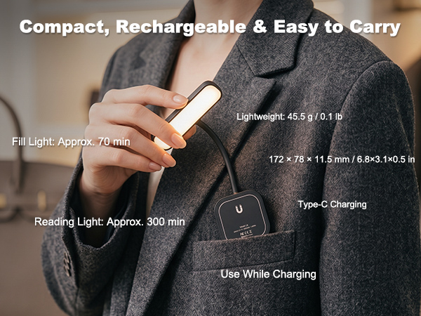 Text reads "Compact, Rechargeable &amp; Easy to Carry", "Lightweight 63 g / 0.14 lb", "Type-C Charging", "Use While Charging", "Reading Light Approx. 300 lm". Hand holding white portable light device displayed.