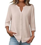 Zeagoo Button Down Shirts for Women 3/4 Sleeve Linen Cotton V Neck Tops Dressy Casual Loose Work ...