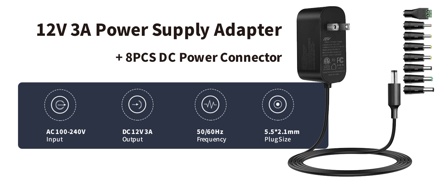 12V 3A Power supply adapter 6ft long