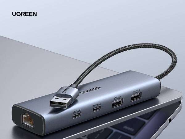 UGREEN USB to Ethernet Adapter, 10Gbps 5 in 1 USB Hub Ethernet with 2* USB-C 3.2, USB-A 3.2/2.0