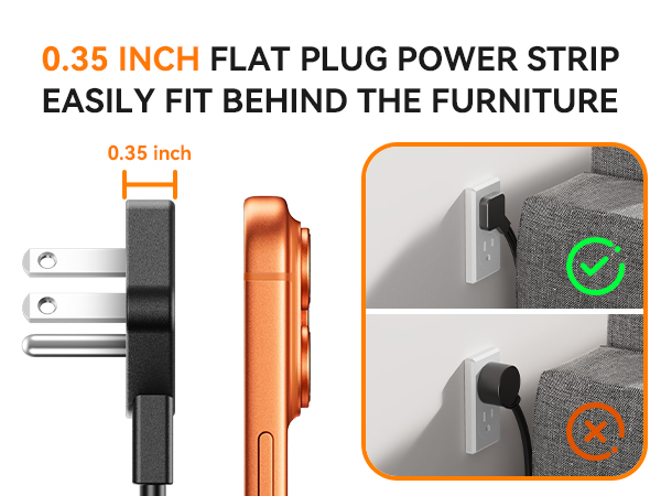 6 ft Flat Plug Dorm desk clamp power strip with 1800j surge protector