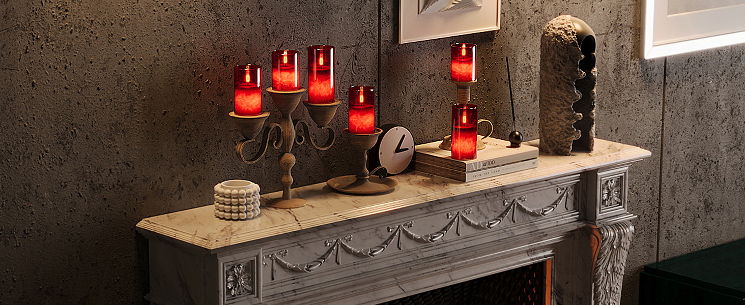 red flickering candles for fireplace decorating