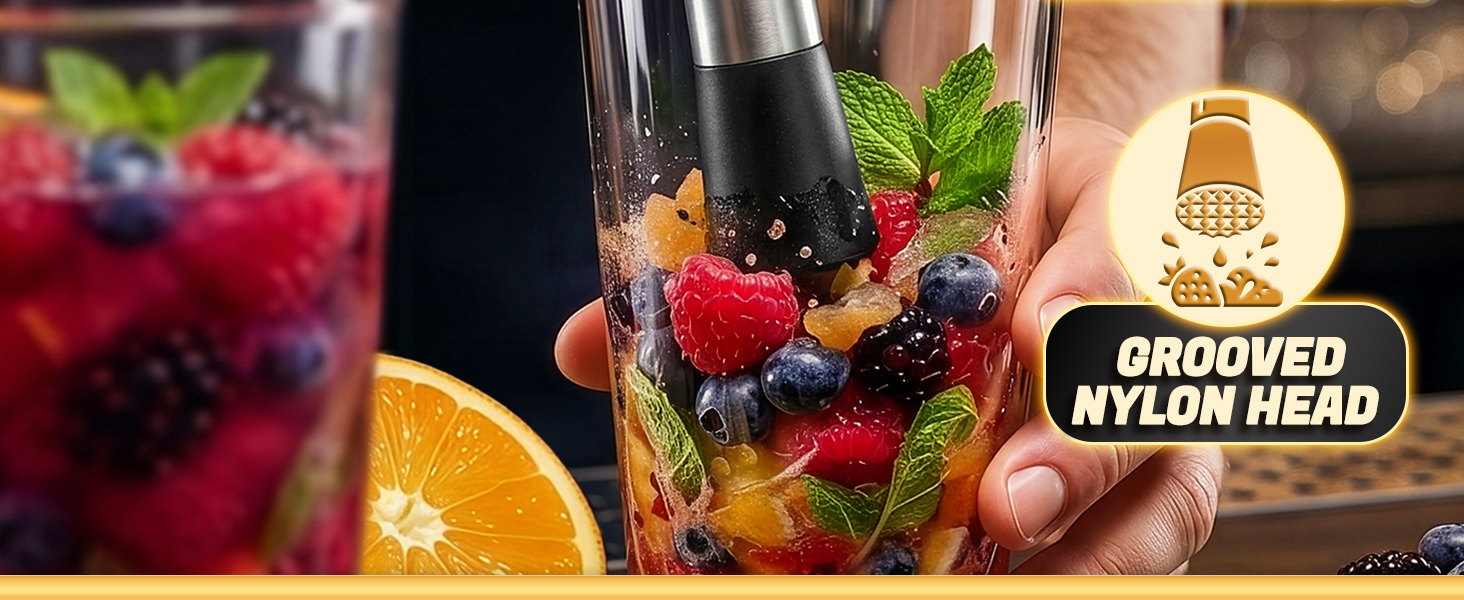fruit smasher for drinks next to glass with lime mint and ice showing ingredient use