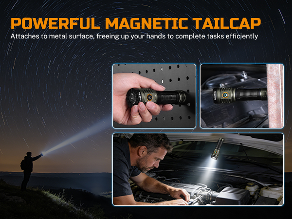 This flashlight features powerful magnetic tailcap, can attach to metal surface, free up your hands
