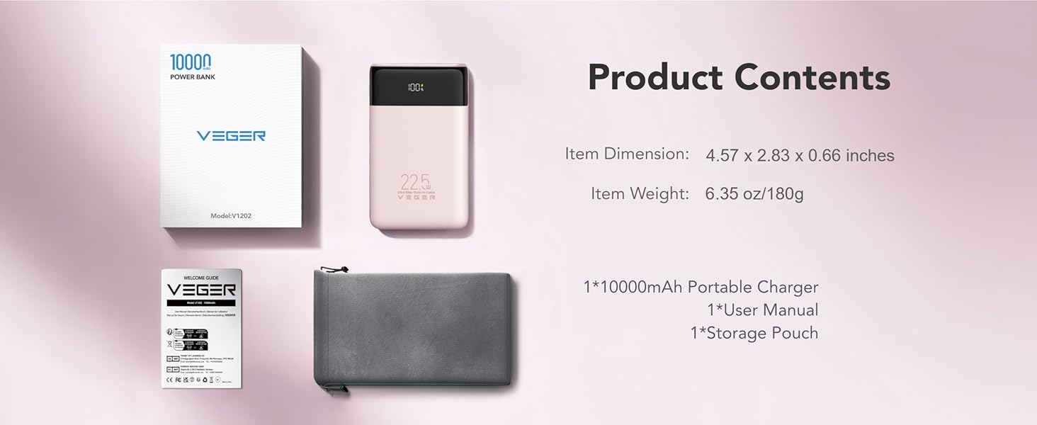 Item Dimension: 11.6*7.2*1.68cm Capacity: 10000mAh Item Weight: 180g 1*Storage Pouch 1*User Manual
