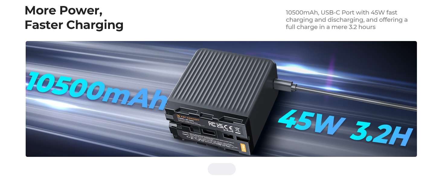 Text reads 'More Power, Faster Charging'. Close-up of a black ribbed electronic device with blue LED lighting, appears to be a charging device or power bank.