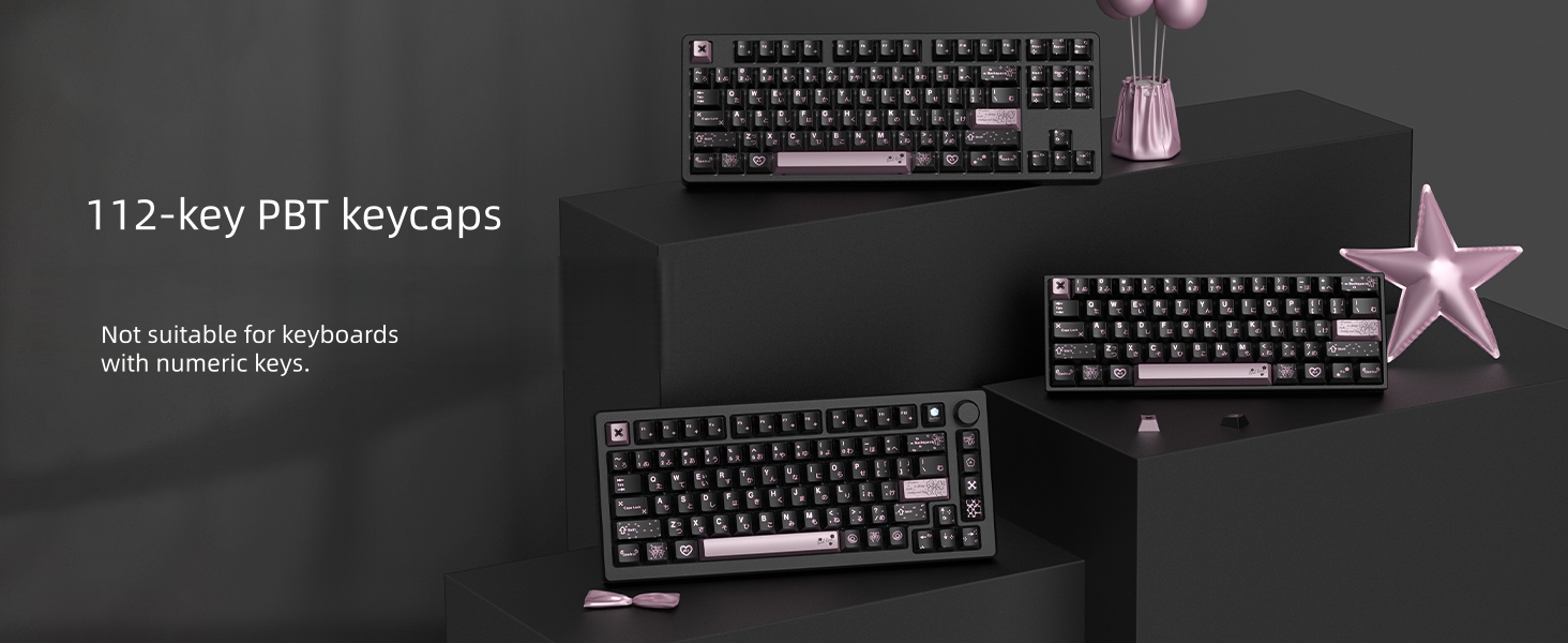 PBT Keycaps with Metal Paint,112-Key Black/Pink Custom Keycap Set dye Sublimation