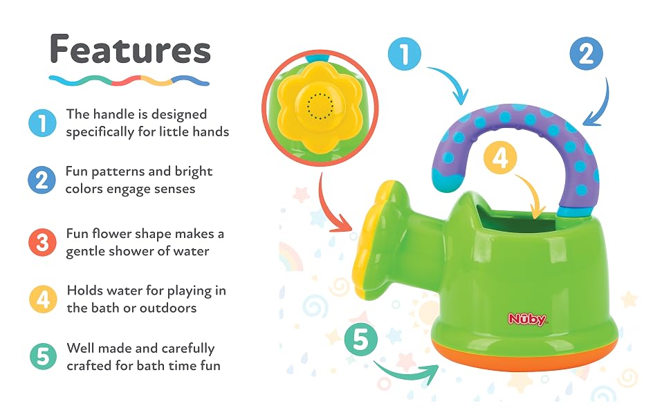 Fun flower shaped spout, purple and blue handle, and green watering can to play and pour fun in bath