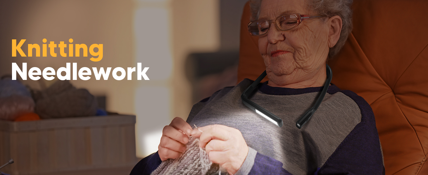 A old woman is knitting or crocheting with a neck light on for handsfrees convenient illumination