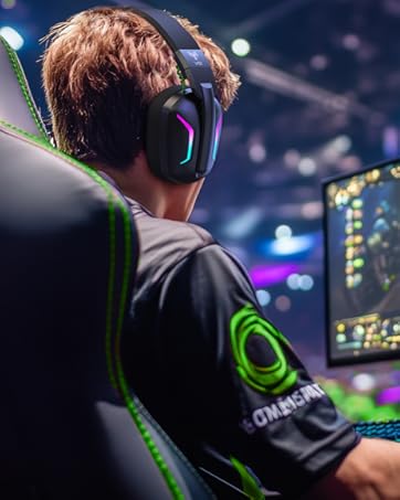 Gaming setup showing over-ear headphones with green LED accents against blurred gaming monitor background.