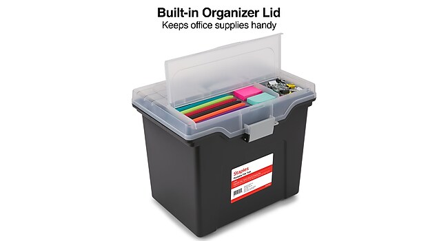 top angled view of black plastic file box containing office supplies
