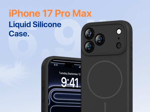 Text reads 'iPhone 17 Pro Max' and 'Liquid Silicone Case.' Product images show black phone case with camera cutouts and interface display.
