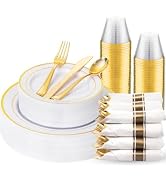 WDF Partyware 175PCS White and Gold Plastic Plates - Gold Plates with Rolled Napkins for Party - ...