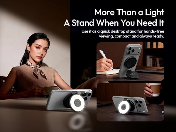 Text reads 'More Than a Light' and 'A Stand When You Need It'. Series of lifestyle images showing illuminated device being used in various settings.