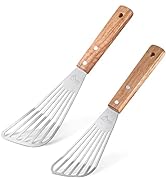 HOTEC Stainless Steel Thin Slotted Fish Turner Spatula with wooden handle