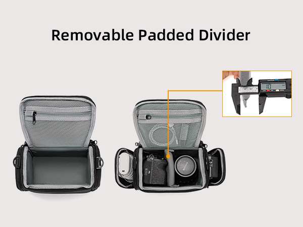 Text reads 'Removable Padded Divider'. Multiple views of a grey camera bag insert with adjustable dividers and compartments for organizing photography equipment.