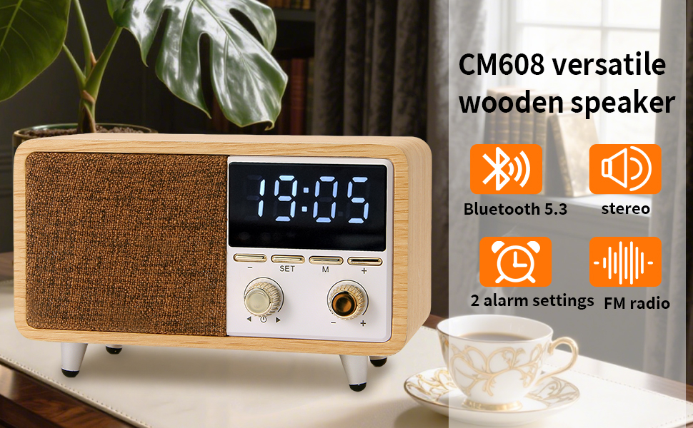 Vintage wood-grain bluetooth speaker knob controls fabric grille stylish office desk accessory