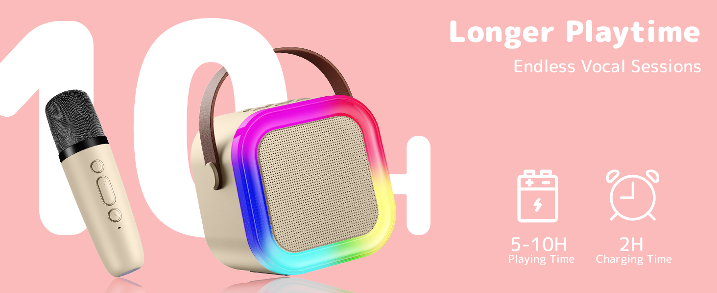 Text reads 'Longer Playtime'. Product display showing foundation bottle and cosmetic compact against pink background with icons for battery and clock.