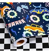 MAYPLUSS Monster Truck Wrapping Paper Roll, Reversible Checkered Flag Birthday Gift Wrap, Perfect...