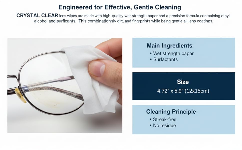 Text reads 'Engineered for Effective, Gentle Cleaning'. Series of close-up product shots showing optical cleaning tools and accessories.