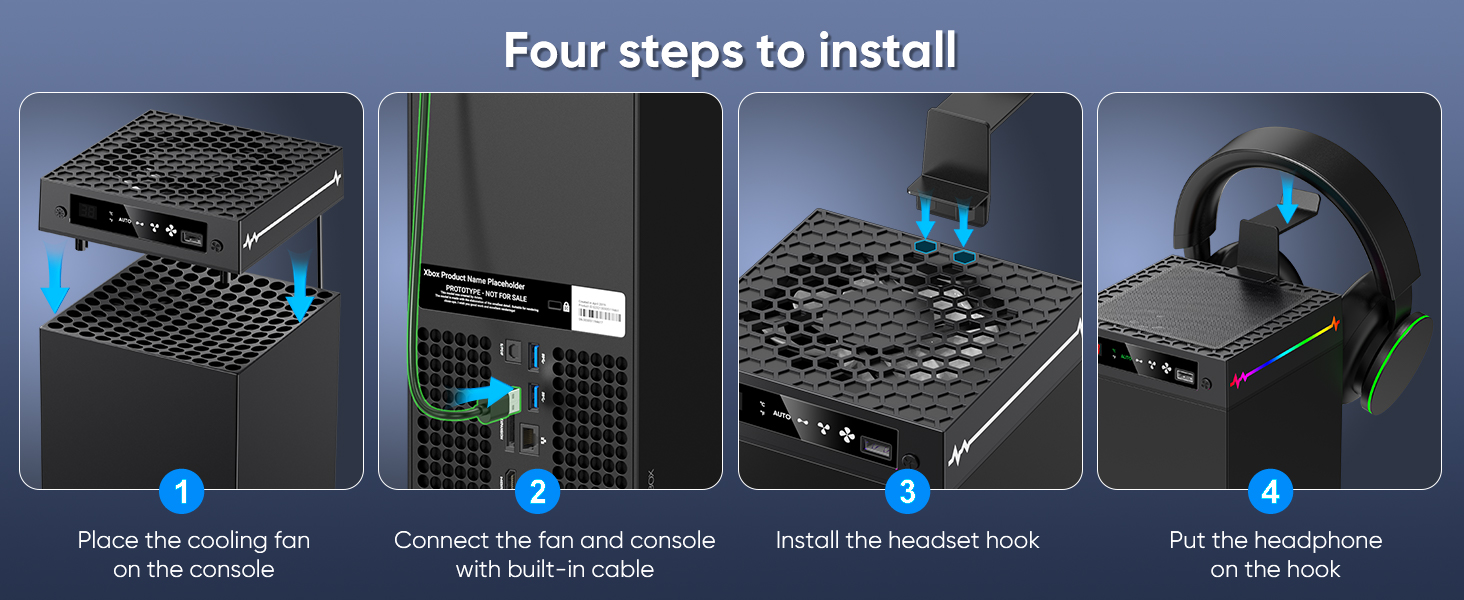 Four steps to install the auto cooling fan for xbox series x