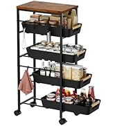 Landmok 5-Tier Slim Storage Cart, Wooden Top Rolling Kitchen Cart with Pull-Out Baskets &amp; Wheels,...