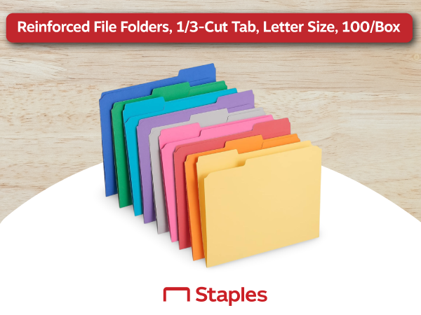 Staples 508994 Colored File Folders W/Reinforced Tabs Letter 3 Tab 100/Box