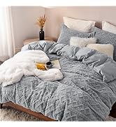 Bedsure Queen Fluffy Comforter Set, Grey Plush Fleece Bed Set, Luxury Jacquard Farmhouse Boho Sof...