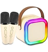 Mini Karaoke Machine for Kids, Portable Bluetooth Speaker with 2 Wireless Microphones & LED Light...