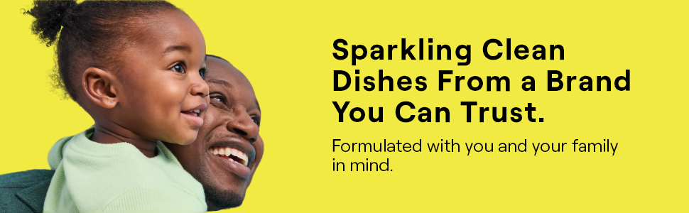 Sparkling clean dishes from a brand you can trust. A smiling adult and child on a yellow background