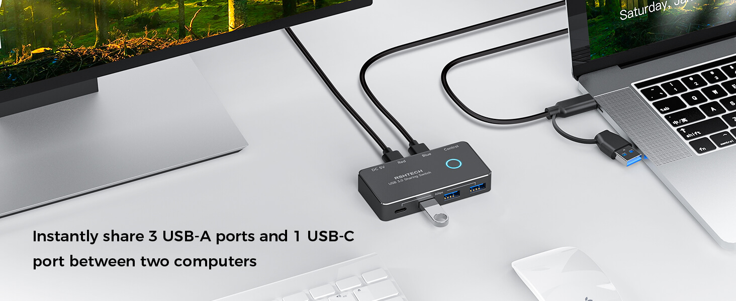 RSHTECH USB C 3.0 Switch with 3 USB-A Ports and 1 USB-C Port