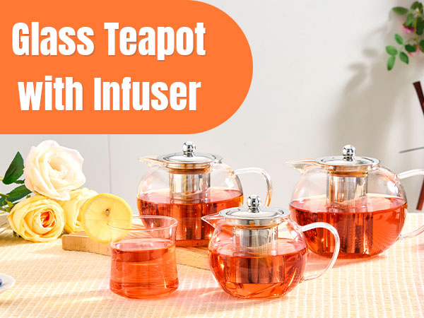 Glass Teapot Stovetop 22 OZ/650ml, Tea pot with Removable 18/8 Stainless Steel Infuser