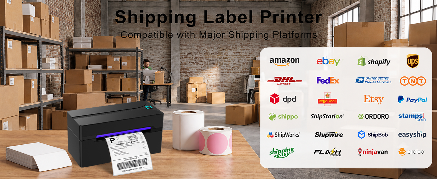 Shipping label printer compatible with most major shipping platforms like UPS,USPS,ETSY